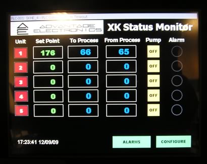 XK Monitor Screen Shot showing temperatures and pump and alarm indicators