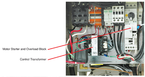 Electrical panel for Sentra units manufactured after January 1, 2011 showing overload and motor starter block